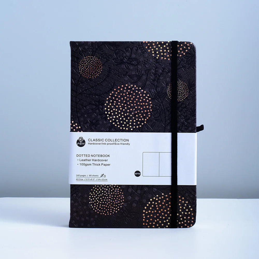 Corderona Black Floral Bullet Dotted Journal 160gsm Ultra Thick Elastic Band A5 Hard Cover Notebook