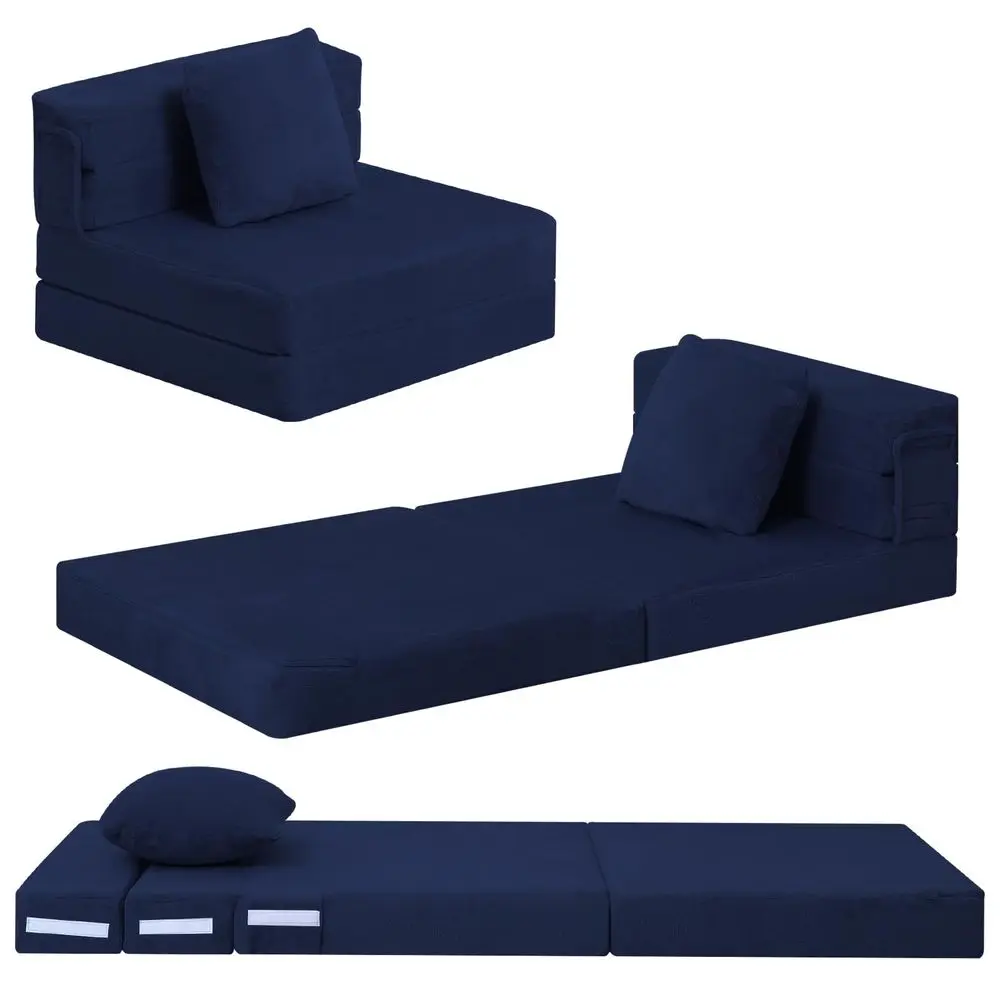 Cama plegable para niños, colchón con almohada, sofá de espuma convertible, colchón de tres pliegues azul marino