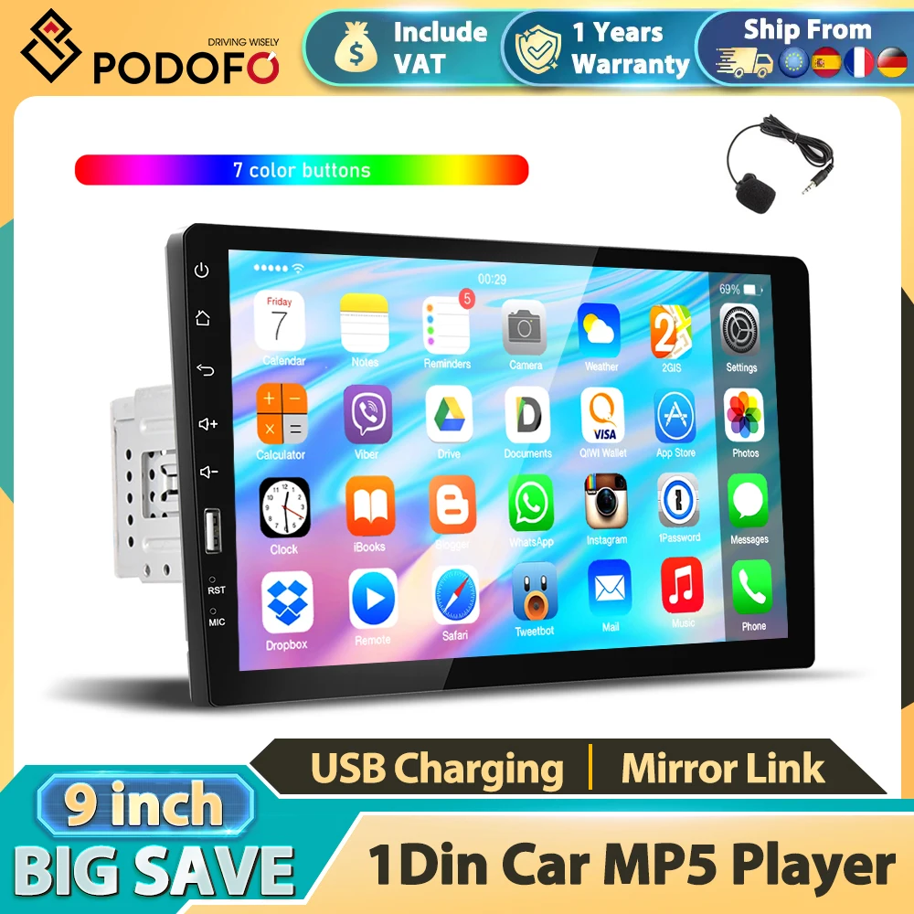 Podofo 1Din 9-calowy dotykowy ekran multimedialny do samochodu, odtwarzacz wideo MP5, funkcja Mirror Link, inteligentne systemy samochodowe, Bluetooth, FM, USB, radio