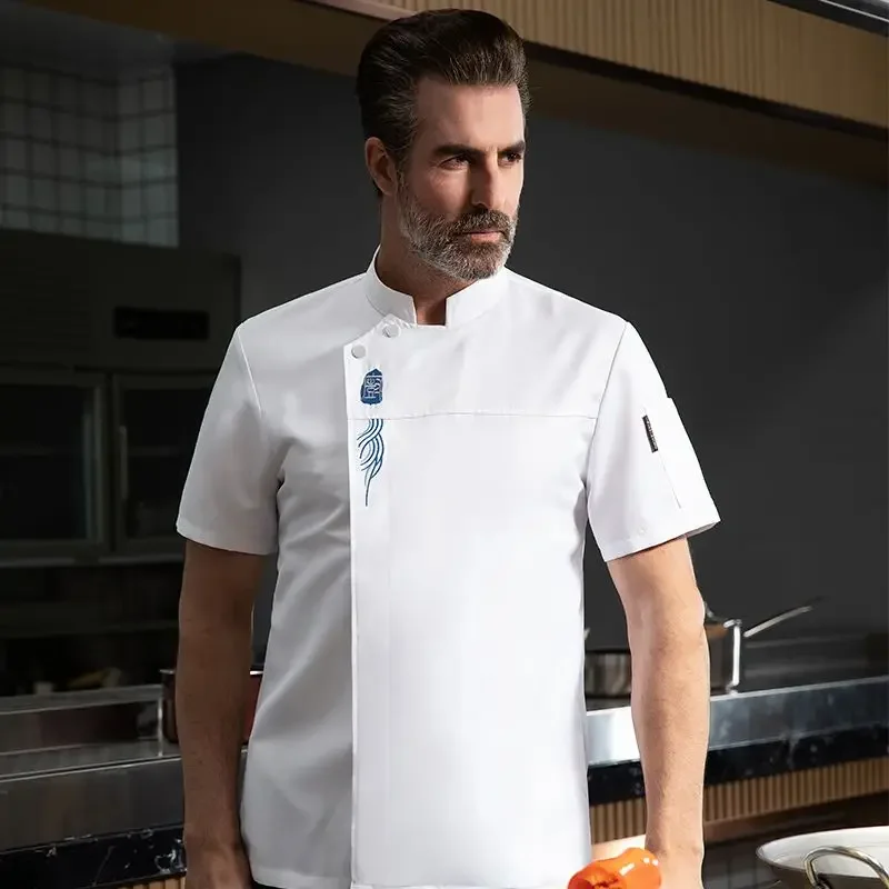 Cinza manga curta uniforme chef, casaco cozinheiro, jaqueta chef, Baker T-shirt, uniforme de trabalho, garçom, restaurante e hotel roupas, logotipo feminino