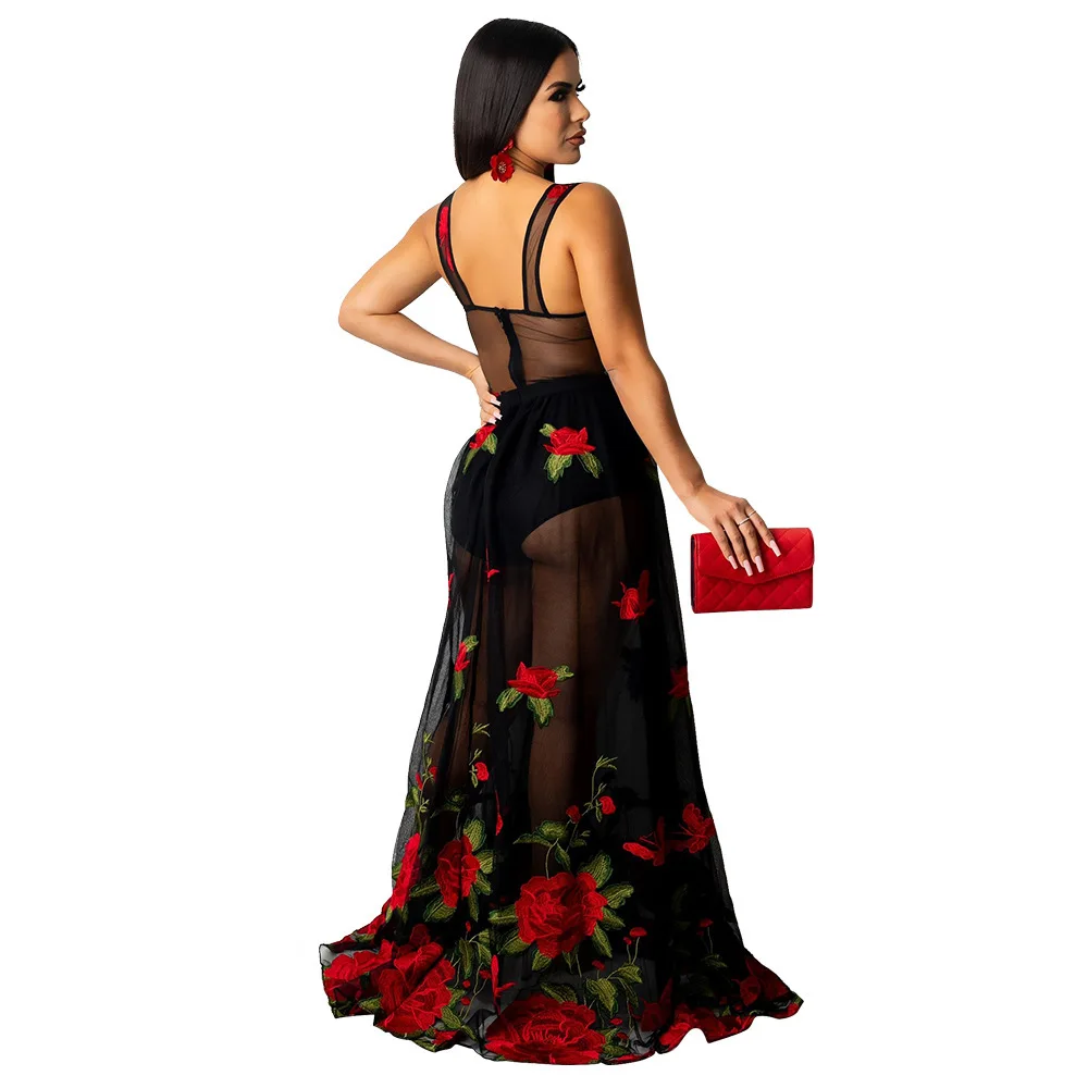 Faionable Sexy Low Cut Strap Printed Dr Women's Clothing Embroidered V Ne High Waist Long Skirt Street Sle Autumn Wear