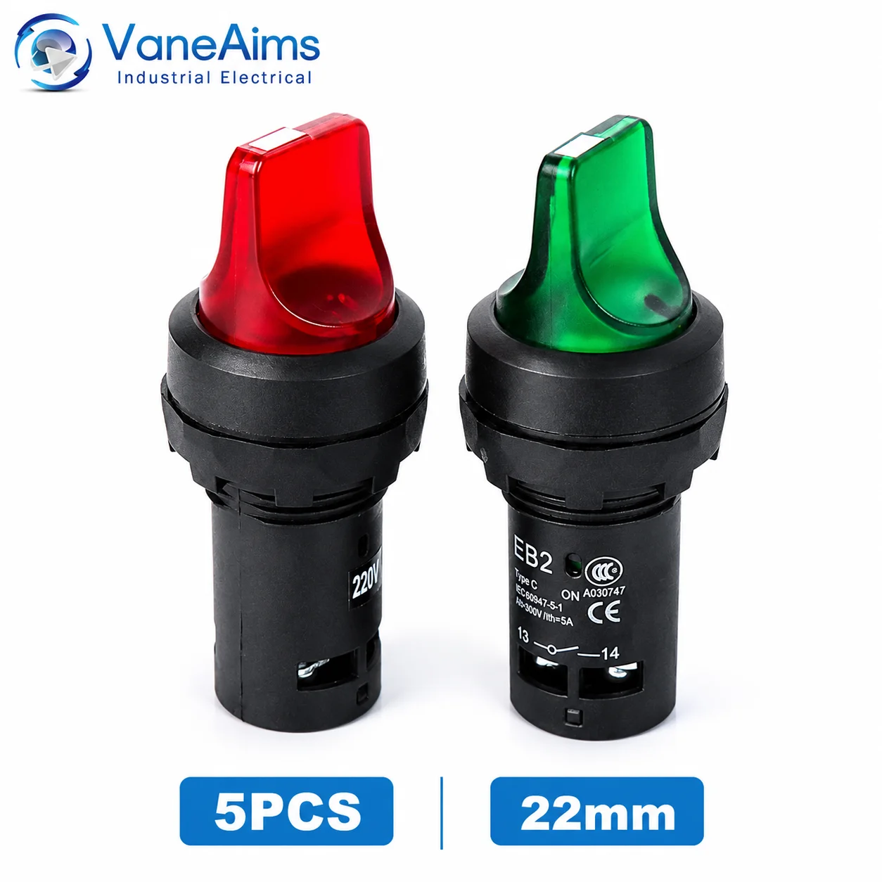 

5PCS 22mm EB2 Power Knob Switches 12v 220v Self locking Latching LED light Rotary Switch 2 / 3 Position Selector with Fixation