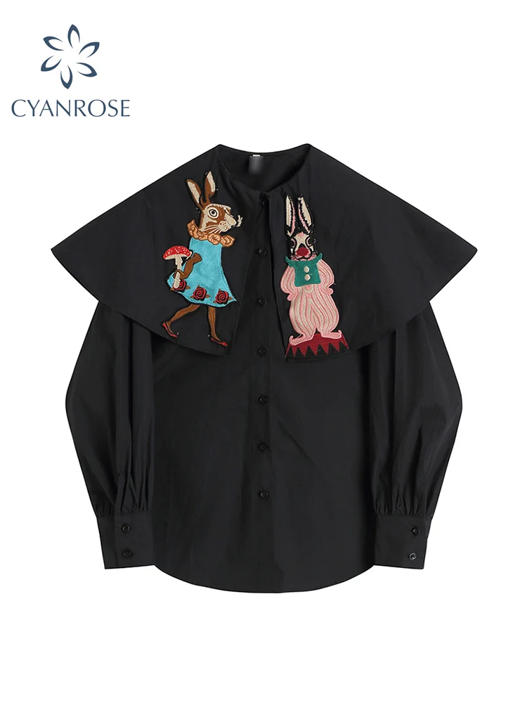 Vintage Shirt Women Black 2022 Spring Long Sleeve Casual Oversized Streetwear Sweet Cute Rabbit Print Blouse Fashion Female Tops