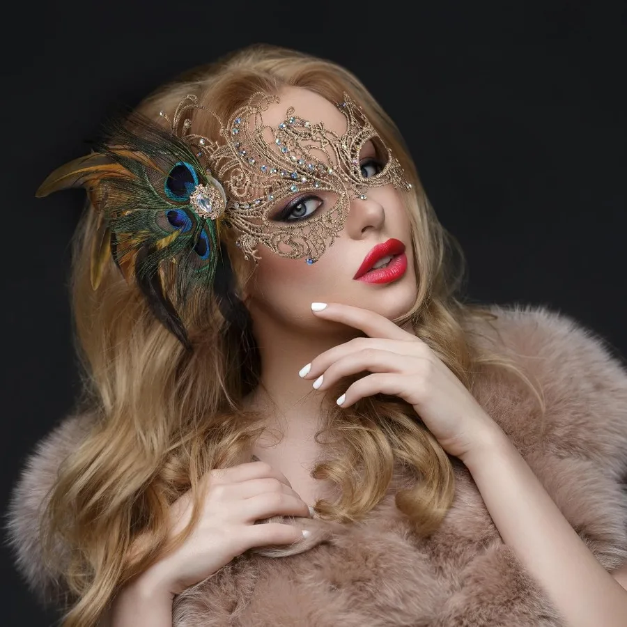 أقنعة تنكرية من الدانتيل للنساء - قناع فينيسي من ريش الطاووس من عشرينيات القرن العشرين للأزواج في الهالوين كرة ماردي جرا أنيقة مصنوعة يدويًا #4