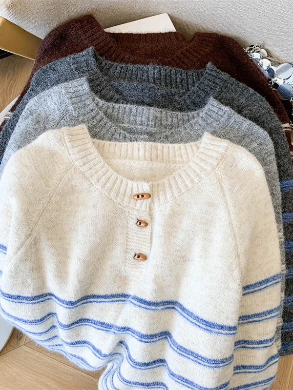 Retro Japanse Sle Lazy Stripe Kleur Blo ronde Ne Gebreide Trui Dames plus Maat f Open Kraag Comfortabel Adem...