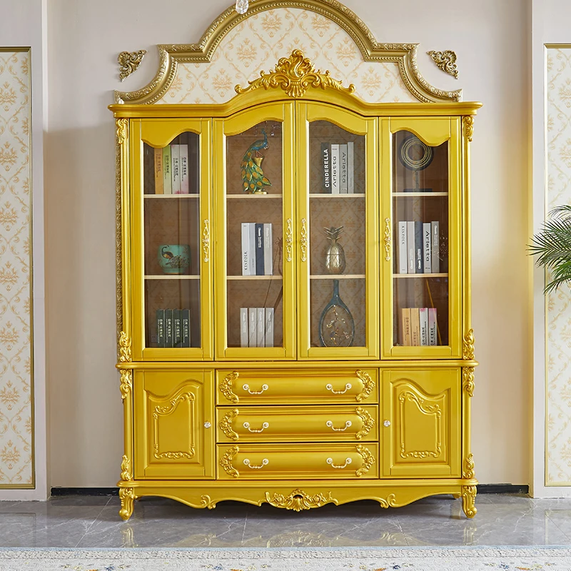 European bookcase, all solid wood bookshelf, four-door bookcase, carved glass door desk, matching combination