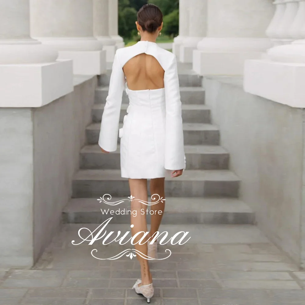 Customized Aviana Cut Out Long Sleeves Floral Embellished Short Length Backless Satin Bridal Dress Evening Gown Party Dress 2025