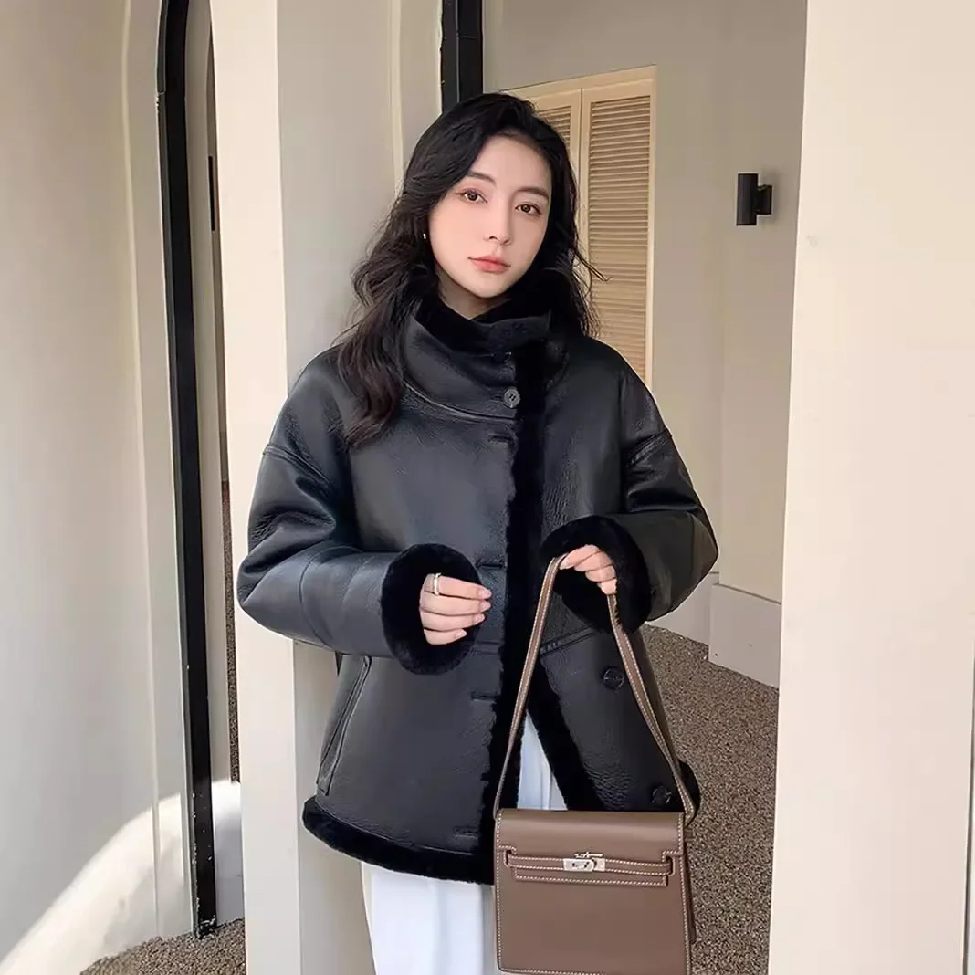 Winter Hot Sale Real Wool Fur Integrated Sheepskin Coat Women\'s Medium and Long Slim Black Genuine Leather Jacket Women Clothes