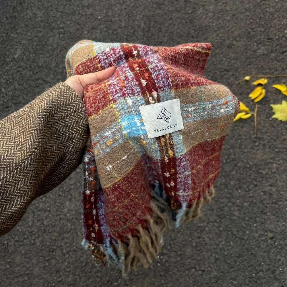 Fashionable Warm Plaid Faux Cashmere Scarf 200cm x 63cm Oversized Polyester Thick Scarf Fall Winter Tassel Scarf For Women