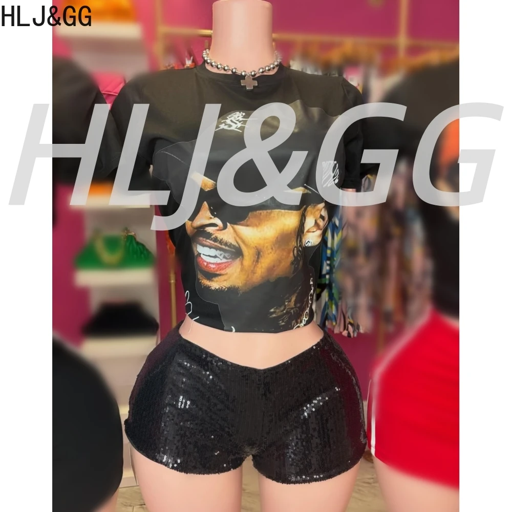 HLJ&GG Y2K Black Fashion Pattern Print Mini Skirts Two Piece Sets Women Round Neck Short Sleeve Top And Skirts Outfits Outfits