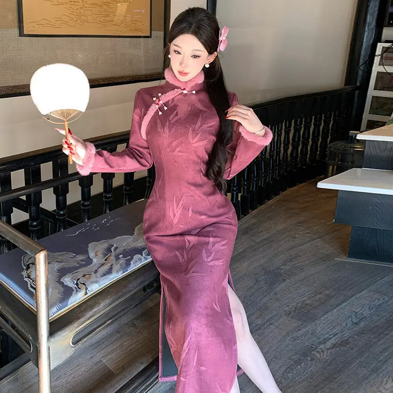 

Traditional Pink Fleece-Lined Chinese Long Cheongsam Print Chinese Dress Qipao Novelty Party Evening Party Dress