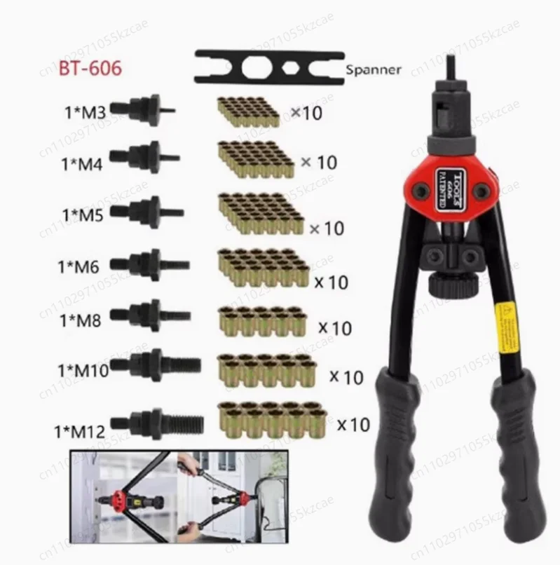 BT-606 Manual Rivet Gun Tool with Interchangeable Heads for Threaded Nut & Standard Rivets (M3-M12)