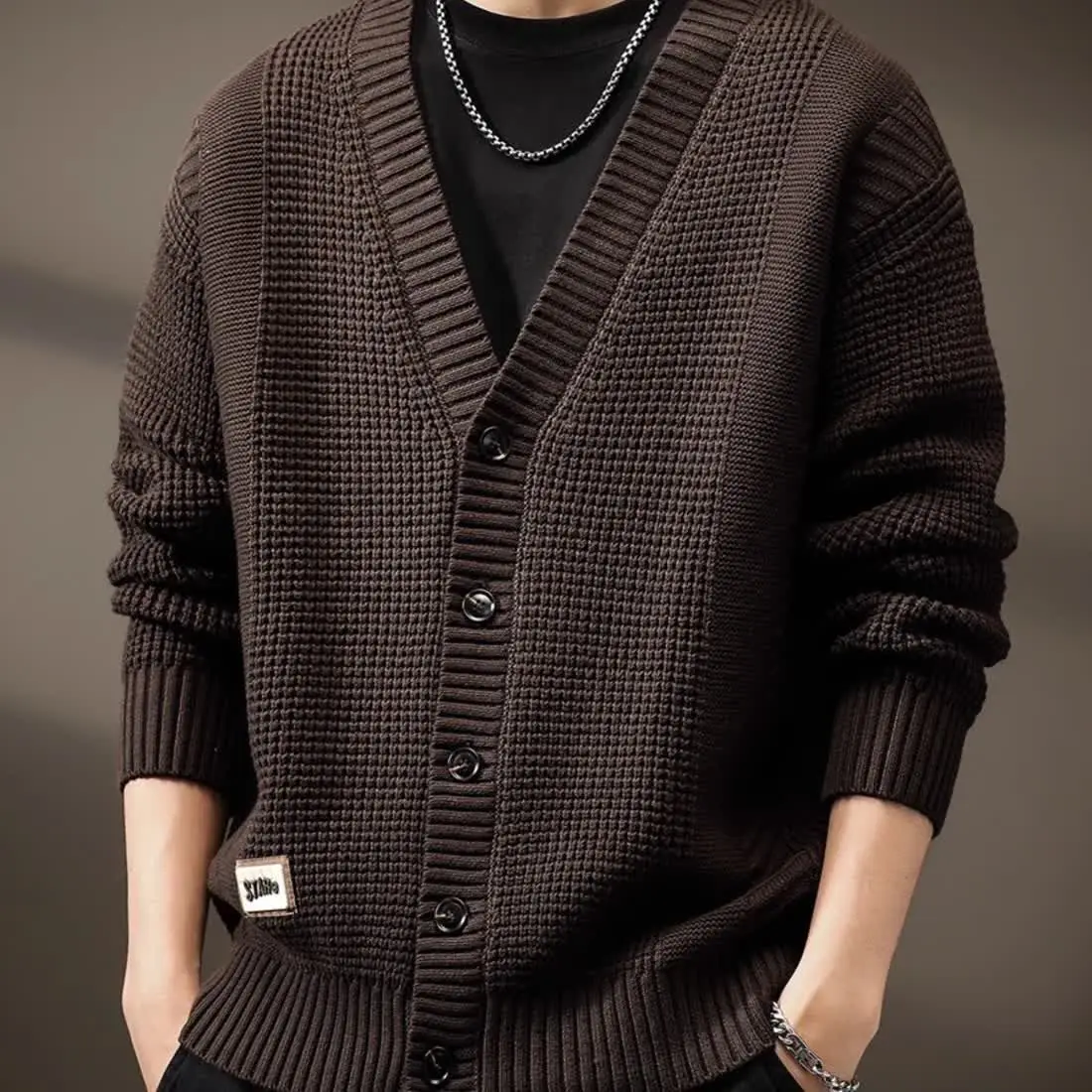 

Fashion 2025 Men's Knitted Cardigan Sweater Autumn Winter V-neck Solid Color Coat Coffee Single Breasted Men Korean Mens Clothes