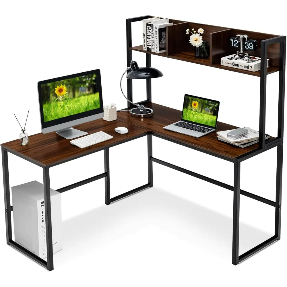 

Reversible L-Shaped Desk with Hutch, Space Saving Corner Computer Desk with Storage Shelves, Home Office Study Writing Desk Com