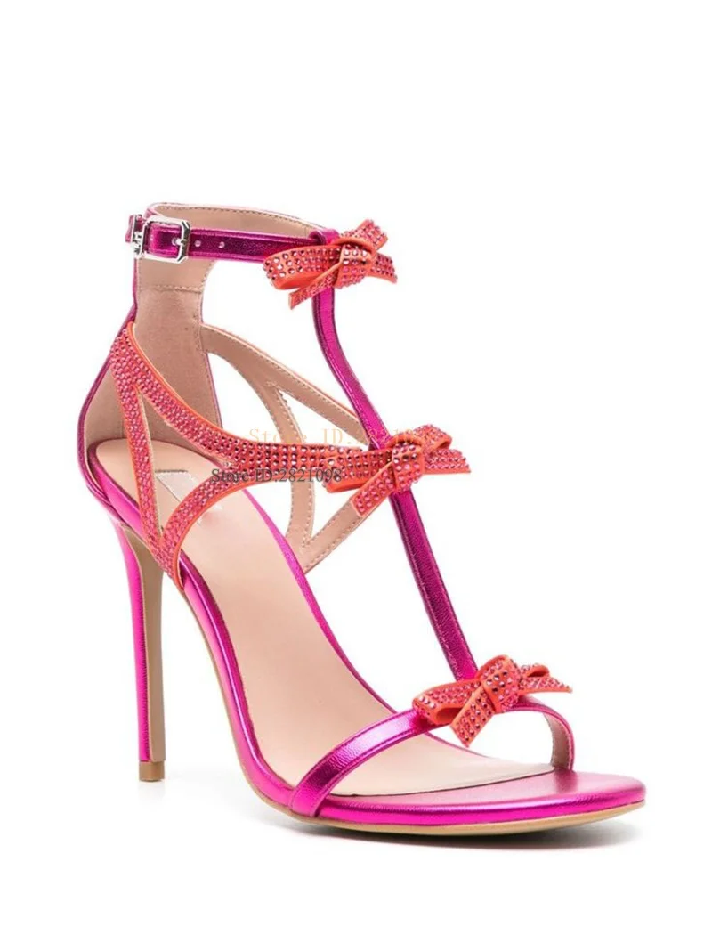 Fuchsia Pink Crystal Bow Tie Knot Band T Strap High Heel Sandals Stiletto with Ankle Wrap Thin Heels Women Summer Shoes