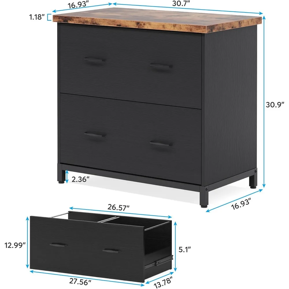 2-Drawer File Cabinet, Wood Lateral Filing Cabinet, Home Office File Cabinet for A4, Letter Size, Brown & Black