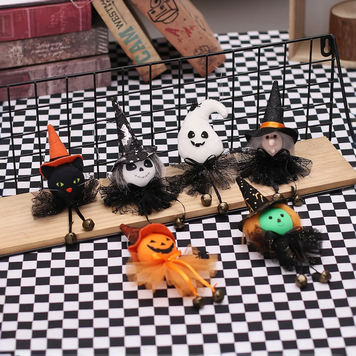 1PC, Halloween fabric small decoration, witch pumpkin ghost black cat skull with bells and net fabric decorative pendant