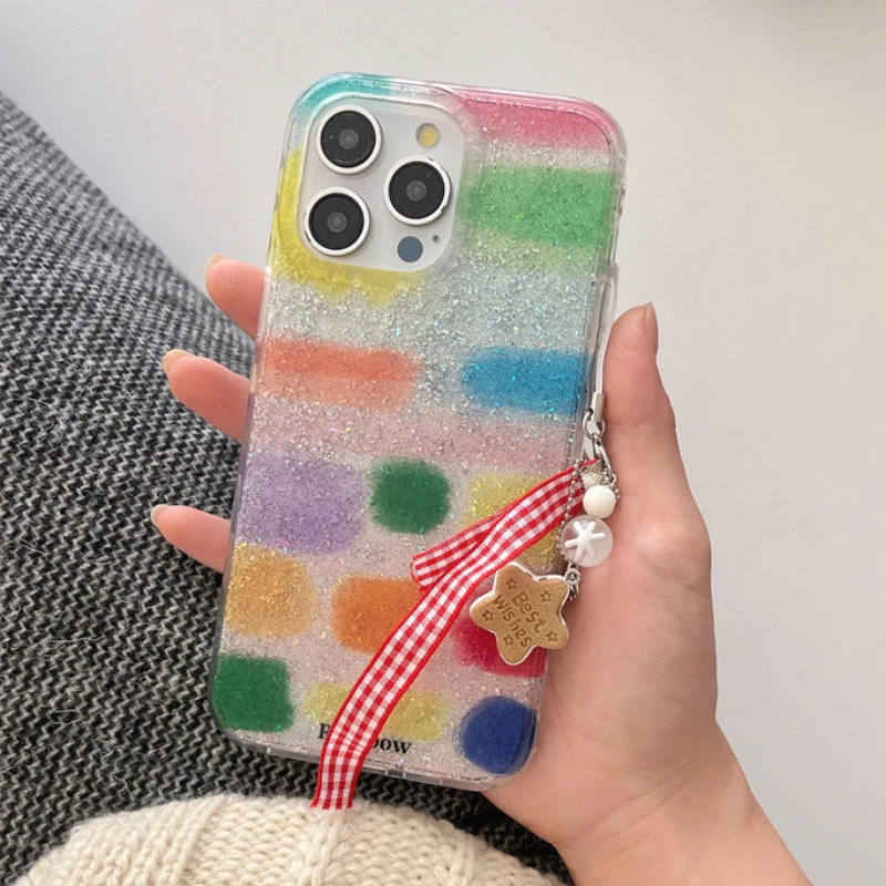 INS Cute Glitter Dopamine Color Block Match Plaid Phone Case For iPhone 16 Pro 14 12 13 Pro 15 Max Cover with Cute pendant Cases