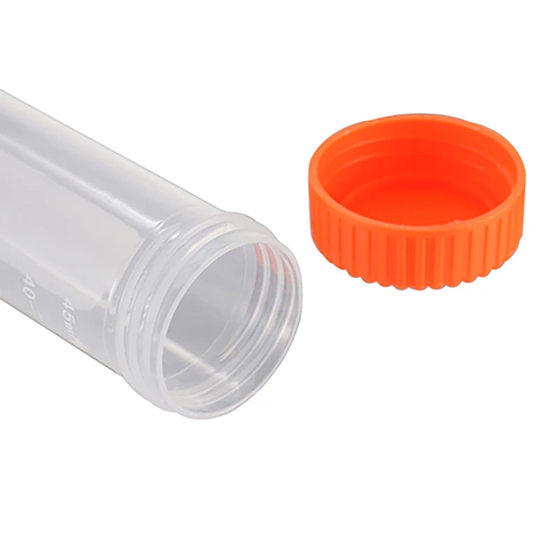 Tubo de ensayo centrífugo de fondo plano con escala, tapón de rosca de plástico, accesorios de laboratorio, 50ml, 25 unids/lote por bolsa