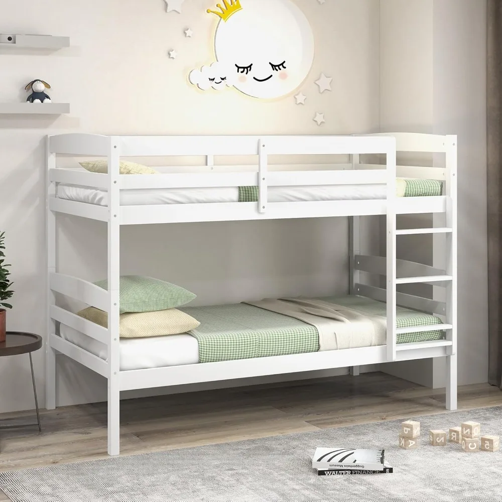 

Twin Over Twin Bunk Bed, Wood Bunk Bed with Full-Length Guardrail & Integrated Ladder, Space-Saving Bed Frame Mattress F