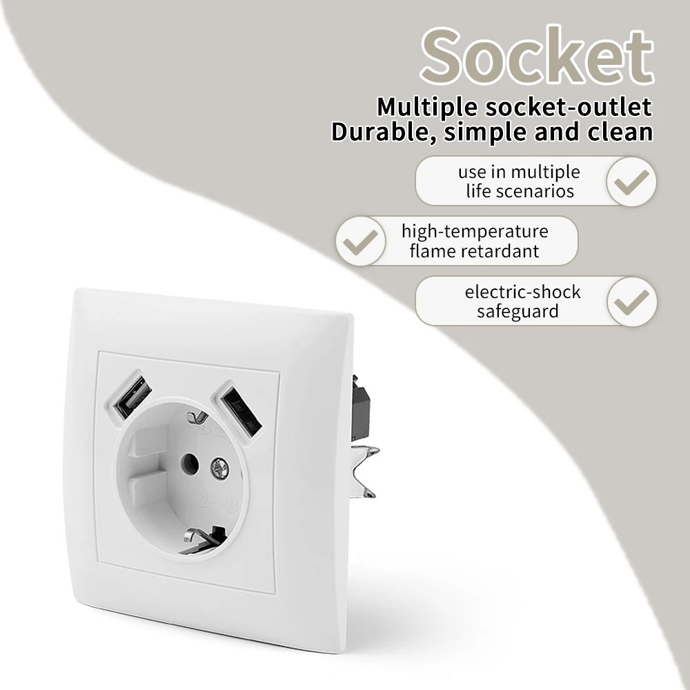 White Wall Socket Electrical Outlets Paint Plastic With Ground USB Power Sockets 250V Classic EU Standard Flame Retardant Socket