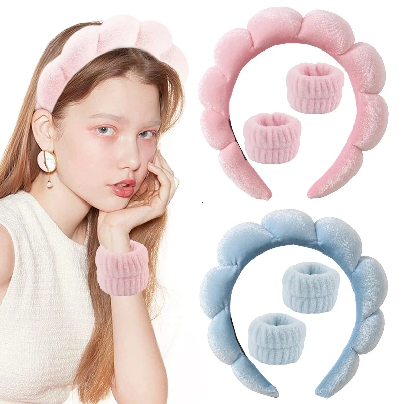3Pcs Fashion Washing Headband Wristbands Scrunchies Puffy Headband Spa Bubble Headband For Face Washing Makeup Shower Skincare