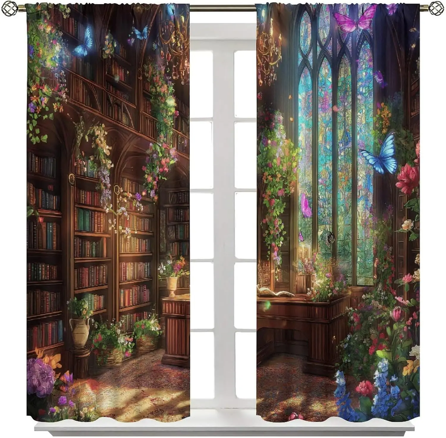 Enchanted Floral Library Rod Pocket Curtain Gothic Bookshelf Stained Glass Color Butterfly Vine Print Window Drapes Kids Study