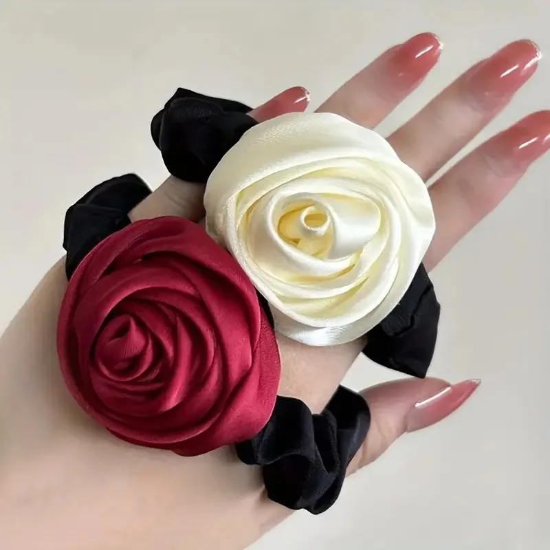 French Satin Rose Large Intestine Hair Band Women's Premium Hair Rope Tie Hair Rubber Band Black Headband Temperament Headgear