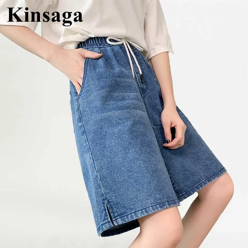 

Women Street Drawstring Waist Loose Wide Leg Knee Length Jeans 4XL Summer Baggy Y2K Boyfriend Capri Elastic Waist Denim Bermudas