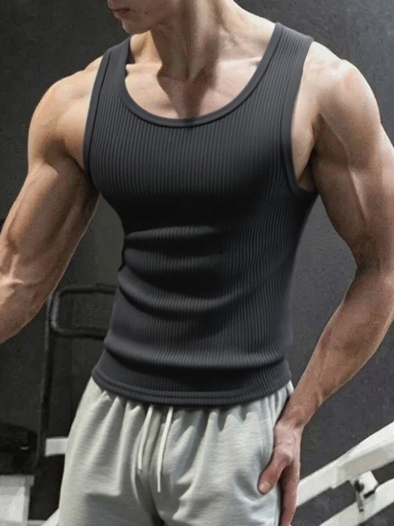 Herren-Sportweste, Schwarz, 1-teilig, atmungsaktiv, Rundhalsausschnitt, leicht elastischer Stoff, reine Farbe, geeignet für männliche Fitness-Tanks – Detail 2