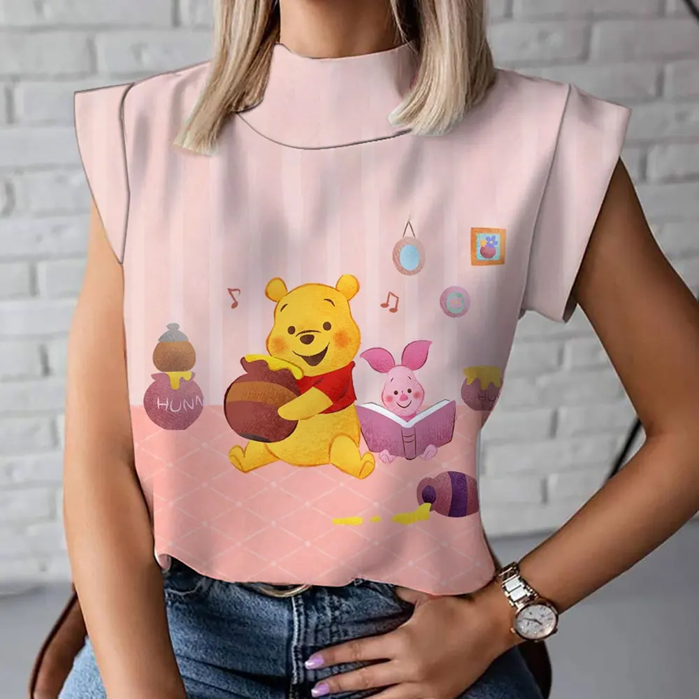 Desenhos animados 3D femininos de Winnie the Pooh camiseta, manga curta, gola alta, confortável, casual, elegante, novo, 2024