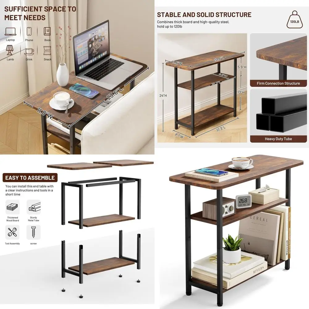 

3-Tier Storage End Table for Living Room, Rustic Brown Nightstand for Bedroom, Sofa Couch