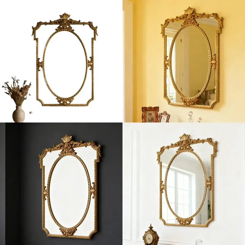 for European Style Gilt Square Oval Wall Mounted Mirror Top Scallop Pattern Retro Engraved Mirror Bedroom Porch Decorative