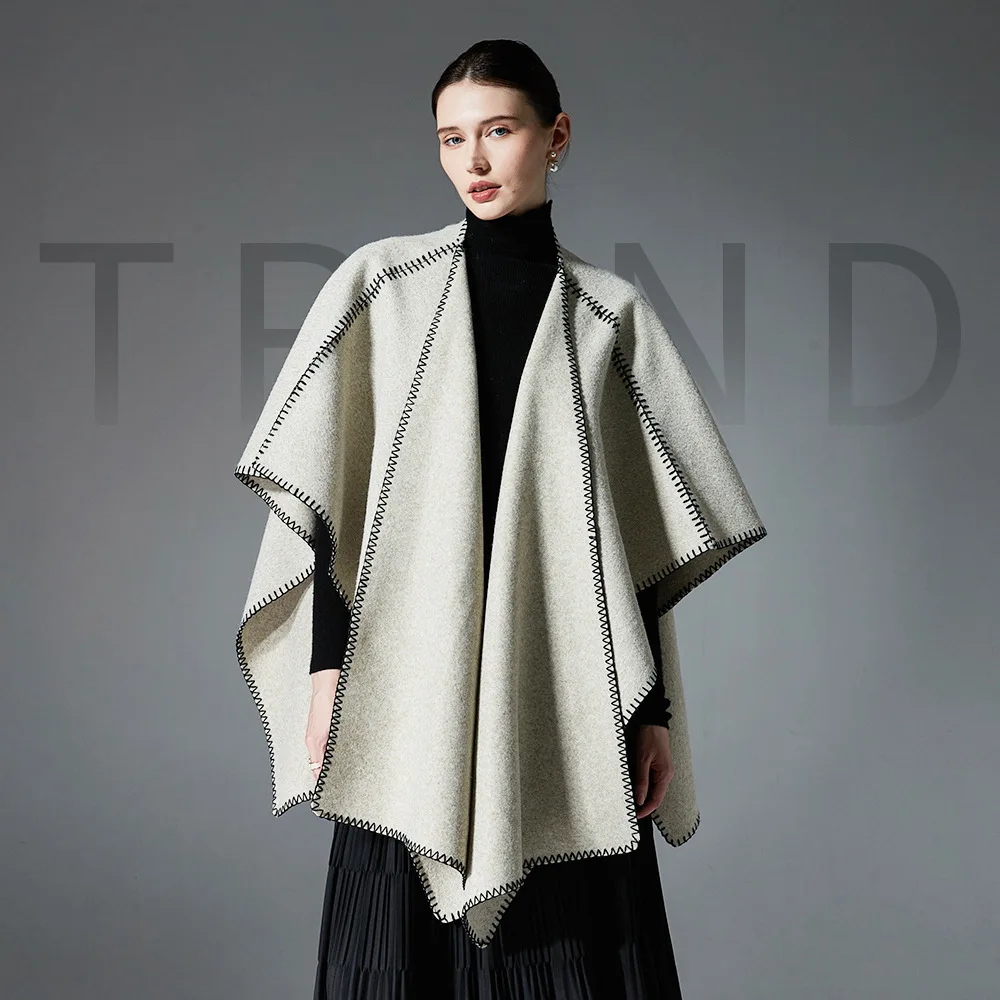 

Simple Noble Nordic Style Double Faced Woolen Cape Coat Fashion Overlock Cashmere Loose Outerwear Women Fall Winter Cloak Wraps