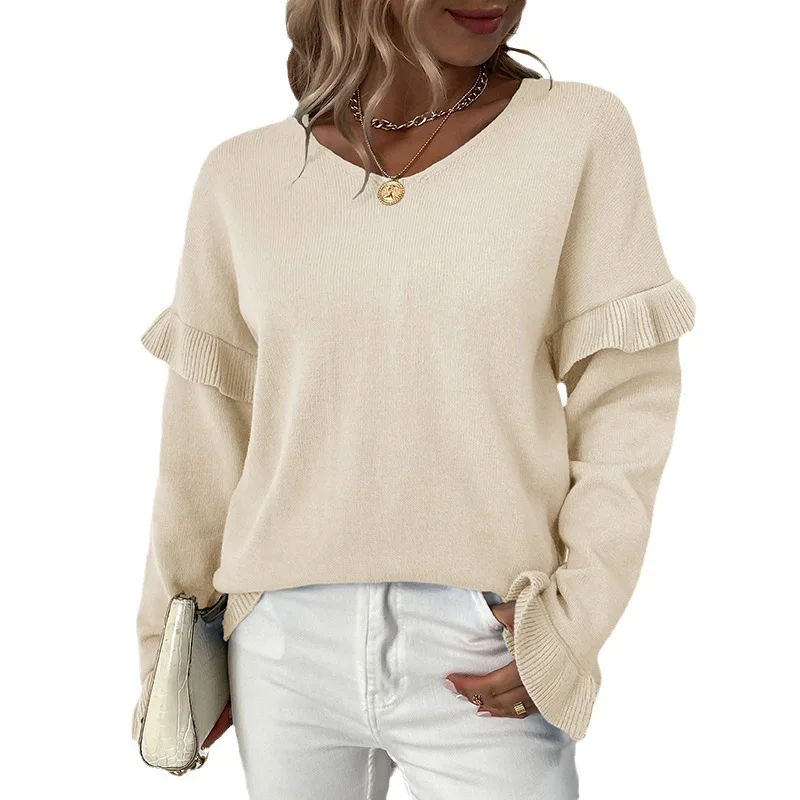 Prendas de punto con manga de pétalo y cuello en V de Color puro para mujer, suéter de nuevo estilo de invierno, Top elegante para mujer