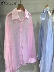 Camisa de manga larga con diamantes para mujer, camisa de protección solar, cuello tipo Polo, longitud media, botonadura única, de Color sólido Blusa de algodón, verano 2023