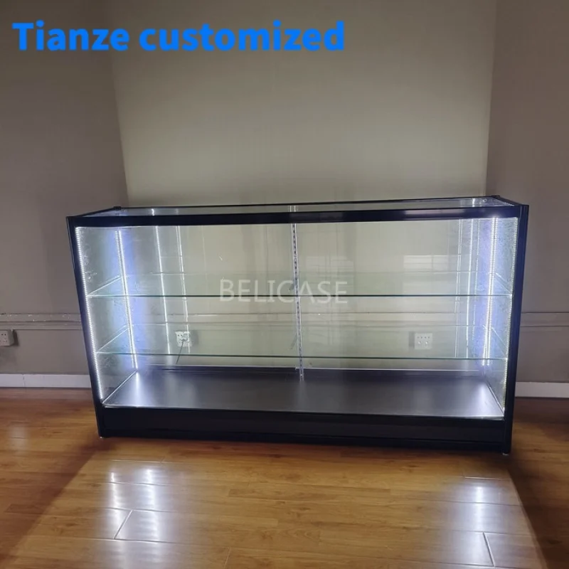 （customized）Smoke Shop Supplier Display Led Light FullGlass Counter Display Cabinet Lockable Smoke Store Decoration Show