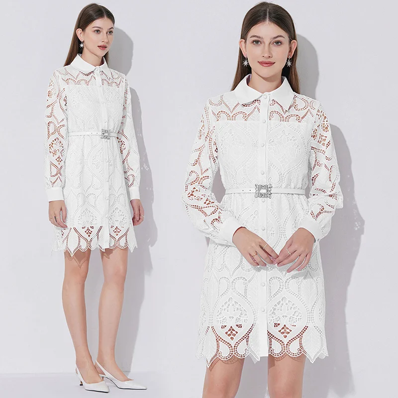 

Solid Embroidery Hollow Out Lace Elegant For Women Dress Turn Down Collar Long Sleeve New Fashion Vintage Party Dresses Female