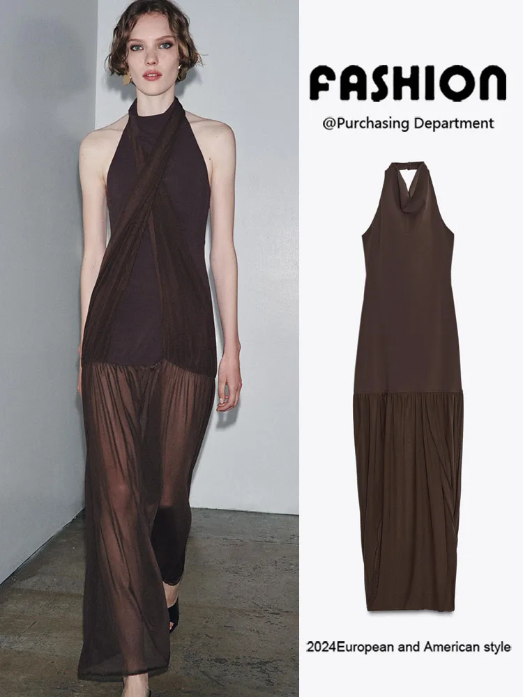 

Summer New Arrival Women's Bal Lace Splice Hanging Neline Dr High Waist Long Gown No Sve Formal Evening Gown