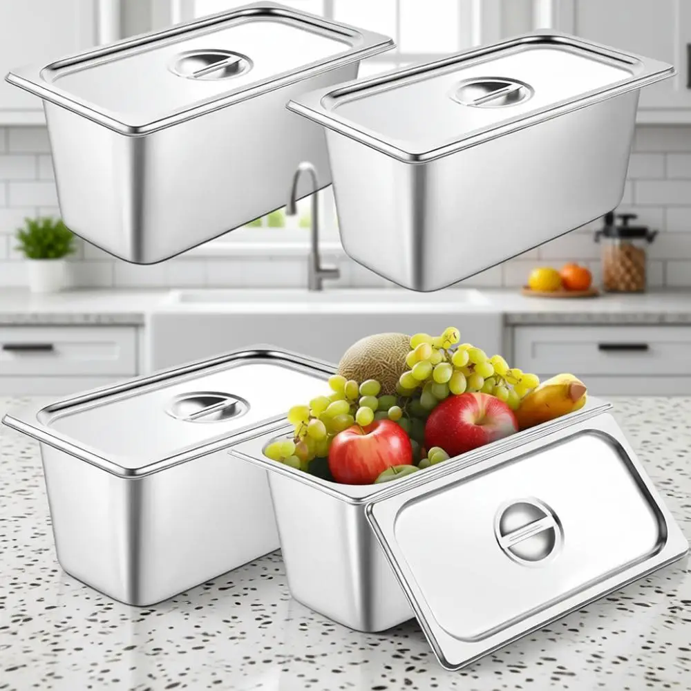 

Набор из 4-х противней из нержавеющей стали размером 1/3 x 6 дюймов, глубокие, для паровых столешниц, коммерческие, для ресторанов, антикоррозийные, металлические контейнеры для еды