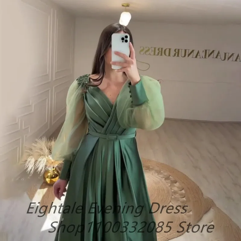 Army Green Arabic Evening Dress Long Luxury 2022 Long Puff Sleeve V neck Appliques Beads Prom Dress Formal Party Gown