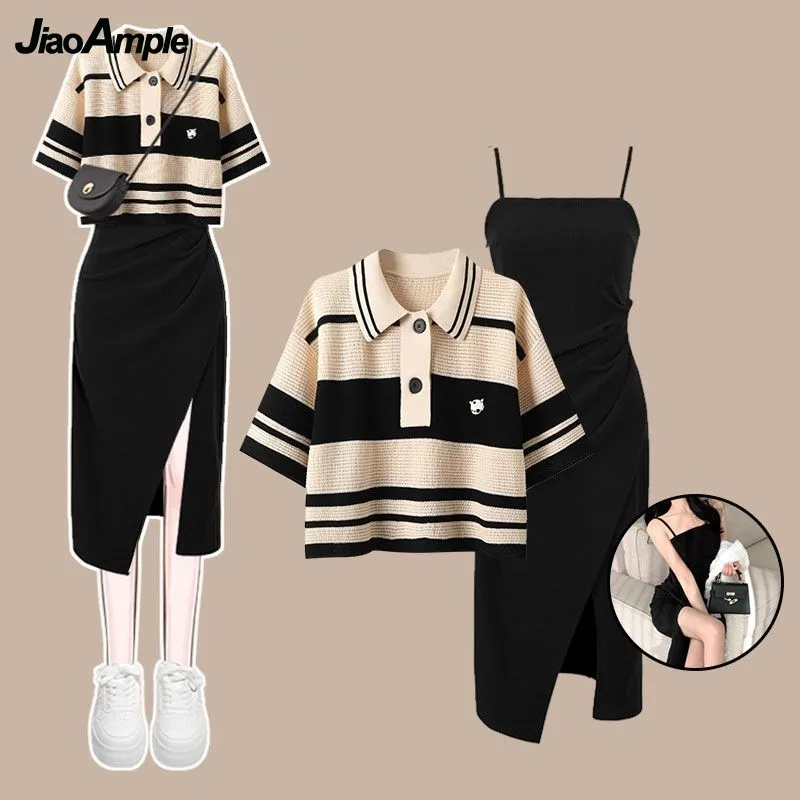 Women\'s Summer Dress Matching Set Korean Vintage Knitted Short Sleeve Stripe Top Strap Skirt Two Piece Female Chic Blouse Suit