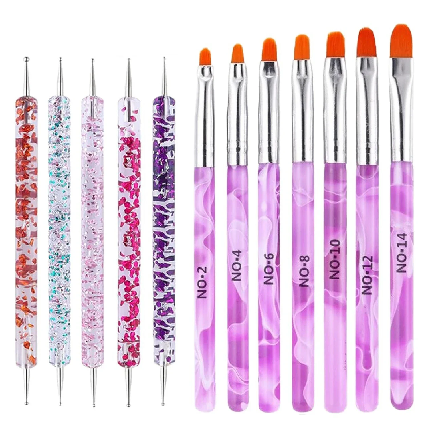 12-Piece Nail Art Brush Set: 7 Professional Nail Painting Brushes + 5 Double-Ended Dotting Tools for Nail Design and Painting