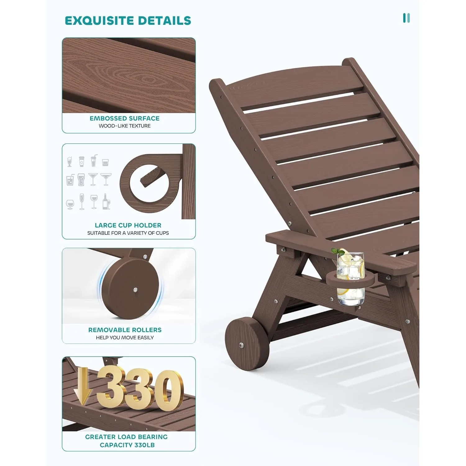 مجموعتان من كراسي صالة حمام السباحة الخارجية HDPE بطول 78 بوصة، 5 أوضاع قابلة للتعديل، مع عجلات وحاملات أكواب، لون القهوة