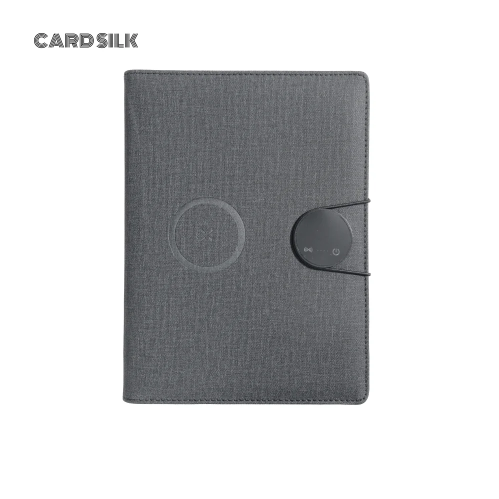 A5 Wireless Charging Notebook with Foldable Phone Stand, Linen Leather Cover, 3-in-1 Cable and Card Slots for Business Use