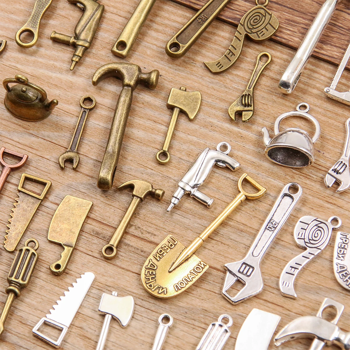 10PCS Mix Styles Color Mixed Alloy Daily Necessities Charms For Jewelry Making DIY Handmade Teapot Shovel Hammer Wrench Pendant