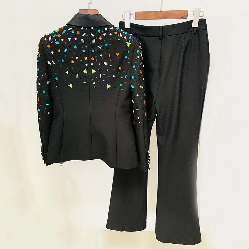 HKSH Estate Nuove Donne Ins Elegante Ricamato Flares Diamanti Bottone Singolo Giacca Sportiva Pantaloni Svasati Lunghi Casual Set a Due Pezzi HK5997