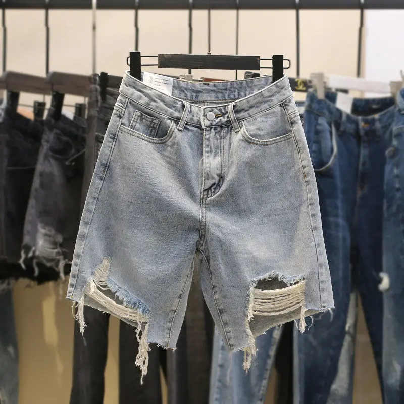 Light Wash Ripped Distressed Denim Shorts Women High Waist Raw Frayed Hem Straight Leg Jean Shorts