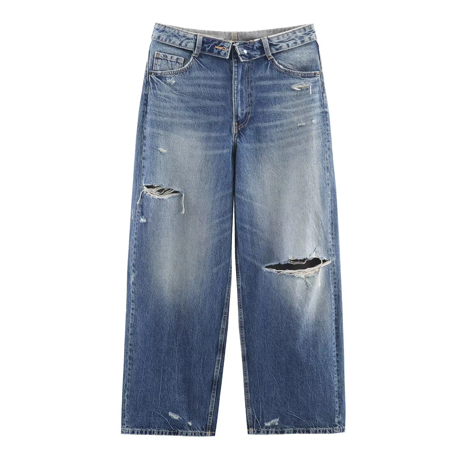 New Autumn/Winter Fashion Casual Mid Waist Hole Solid Color Loose Fit Wide Leg Jeans,3 Colors