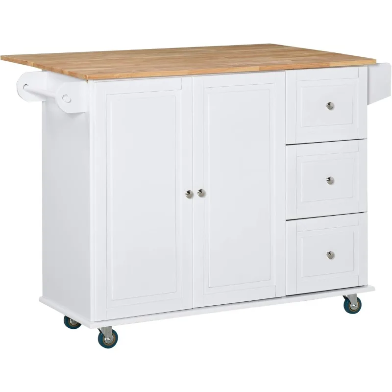 

Mobile Kitchen Island Storage Trolley Cart on Wheels with Dropleaf Top, Towel/Spice Rack, 3 Drawers, 2-Door Cabinet